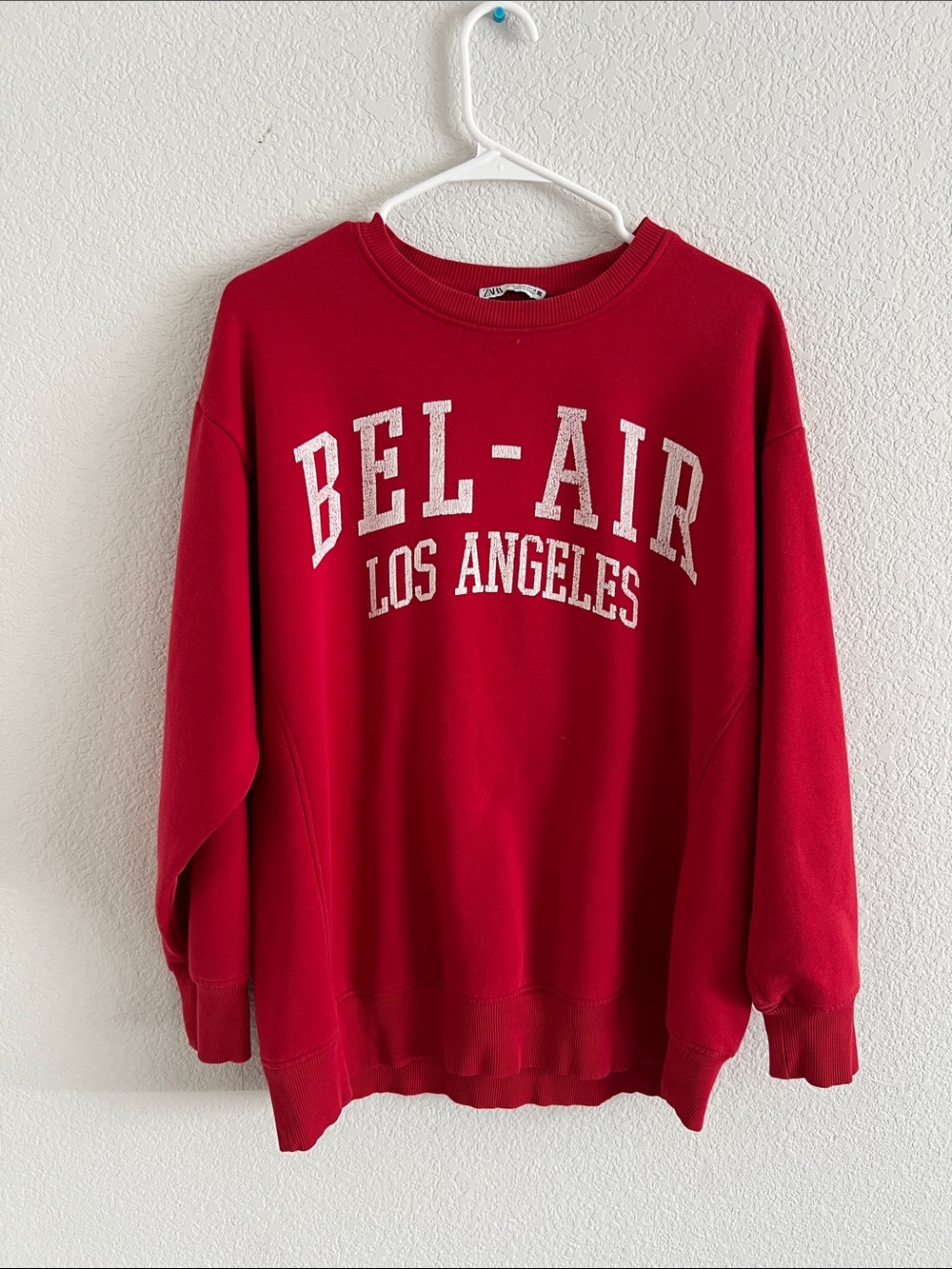 Zara Red Crewneck Sweater with White Bel-Air Los Angeles Lettering
